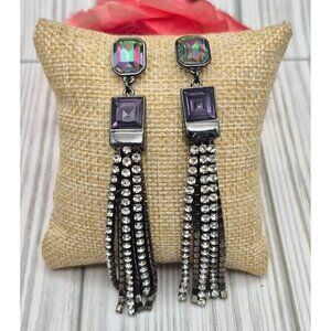 DKNY Gun Metal Crystal Chain Tassel Dangle Earrings Purple Iridescent 3.5" Prom
